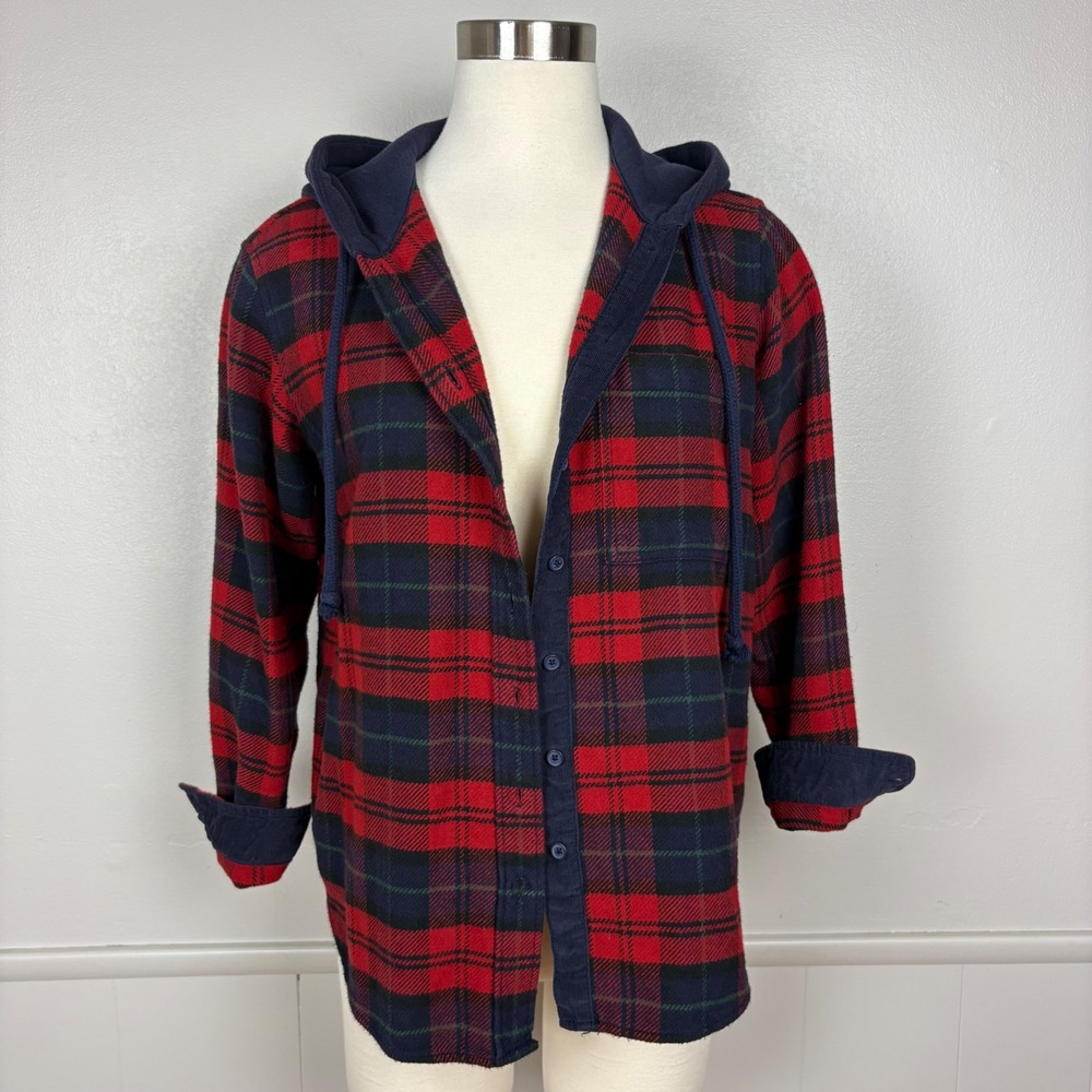 American Eagle Hoodie Shacket Size XXS Blue Red Plaid Oversized Grunge Outdoors